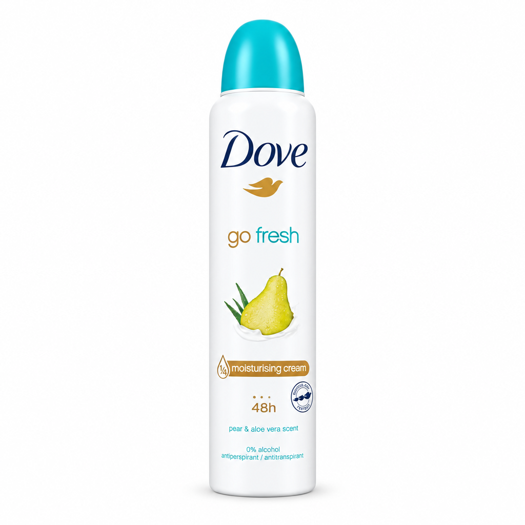 Dove Go Fresh Pear and Aloe Vera antiperspirant spray can on a white background