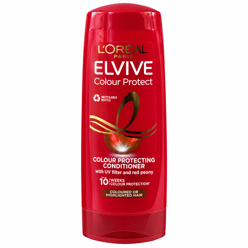 L’Oréal Elvive Colour Protect conditioner in its original red bottle on white background