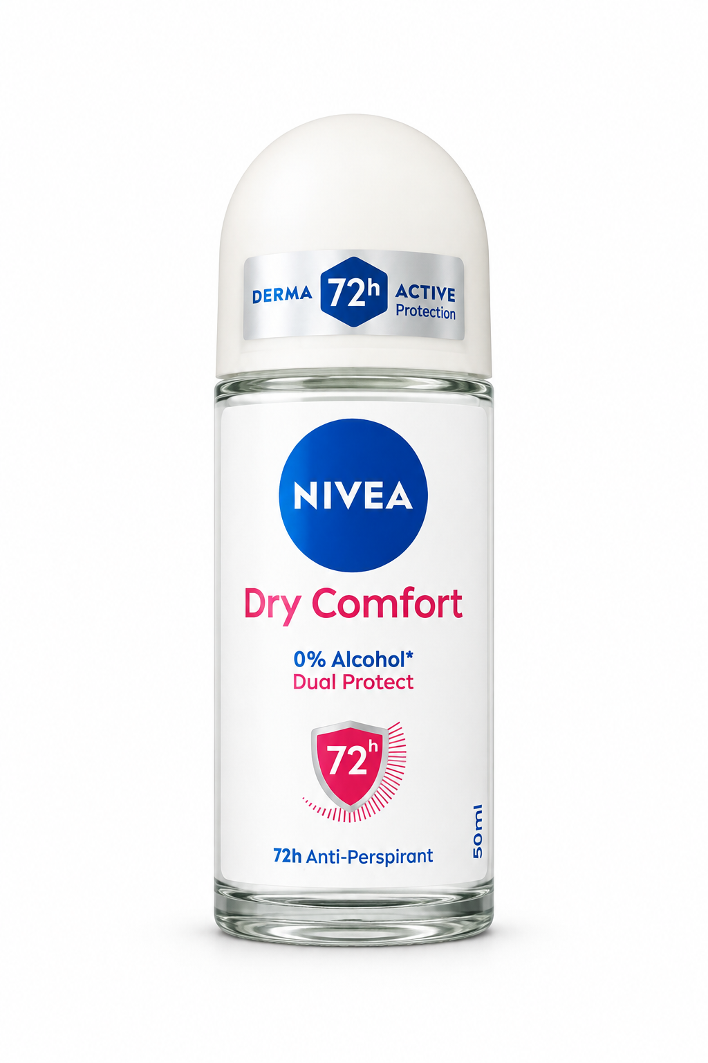 Nivea Dry Comfort 72H 50 ml glass roll-on bottle with ivory cap on white background