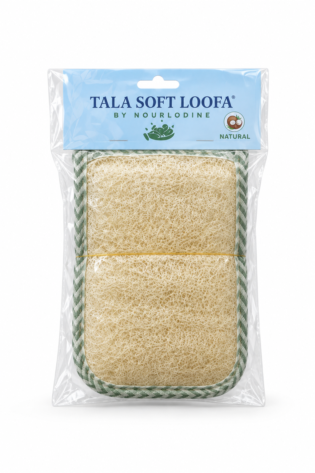 Short broad Tala Soft Loofa beige bath pad with green-and-white trim in original packaging on white background