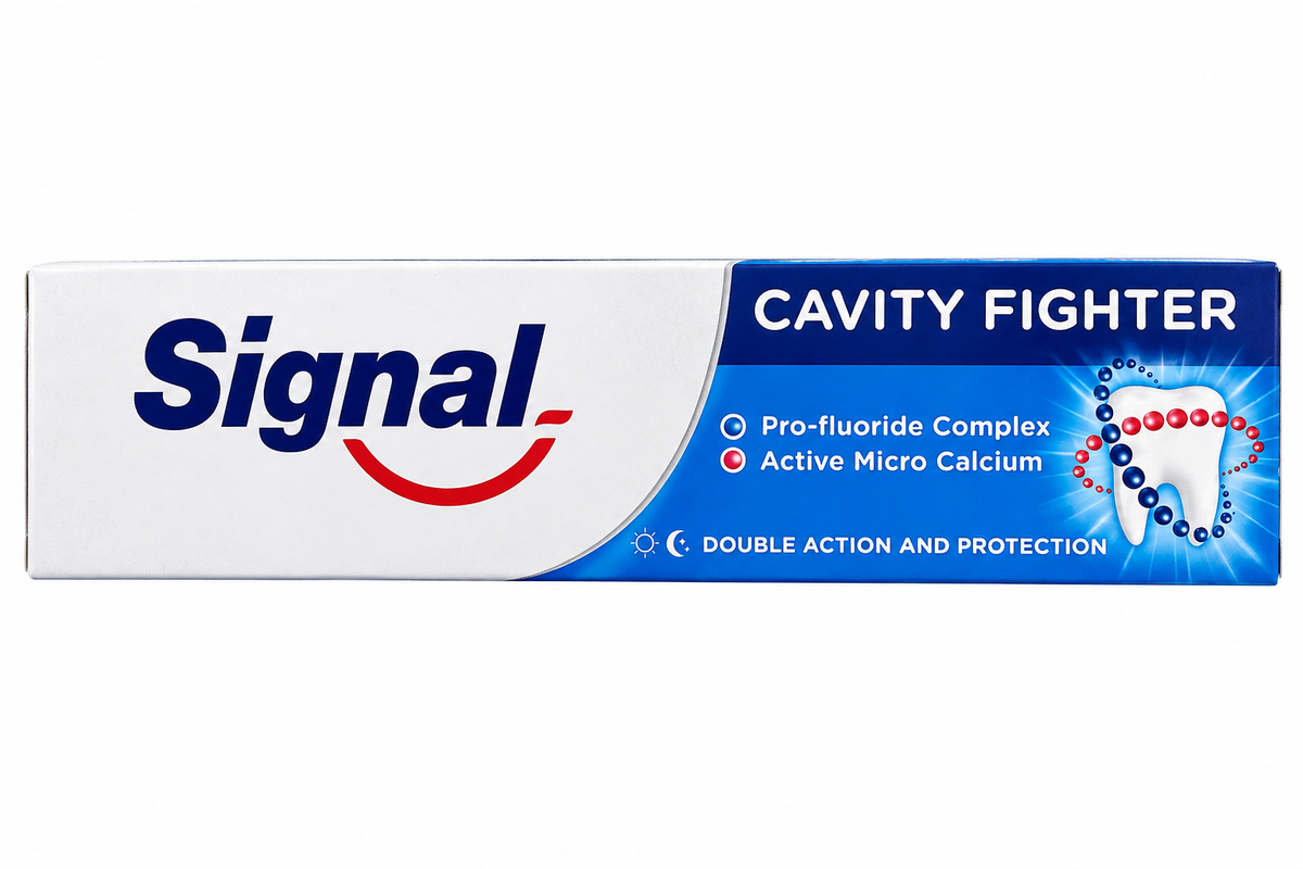 Signal Cavity Fighter toothpaste carton on white background