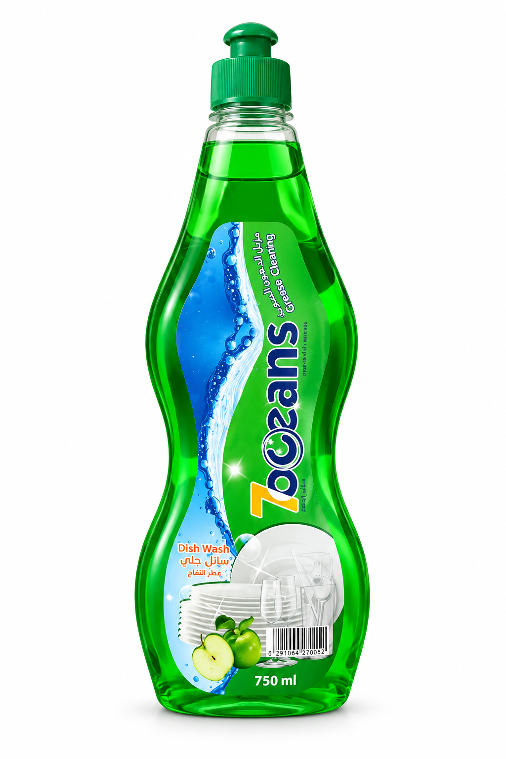 7 Oceans green apple dish wash 750 ml bottle with original vertical label and green cap on white background