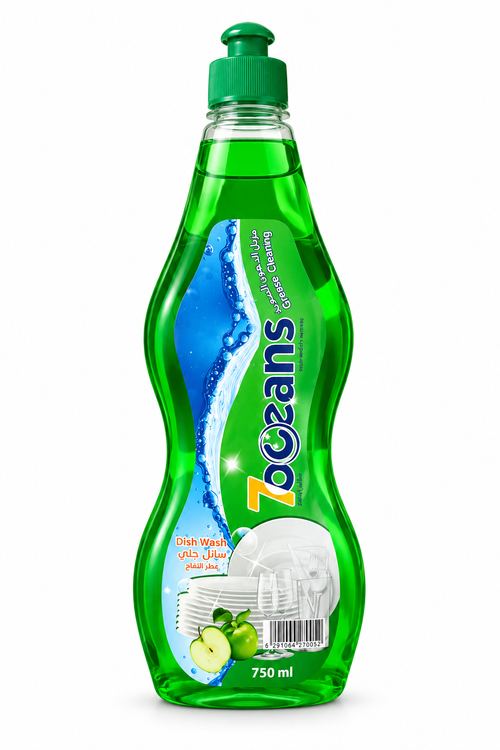 7 Oceans green apple dish wash 750 ml bottle with original vertical label and green cap on white background