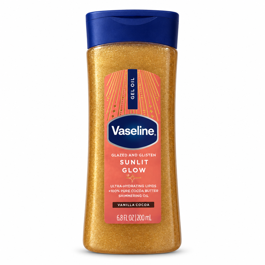 Vaseline Sunlit Glow Vanilla Cocoa gel oil 200 ml with blue cap on white background