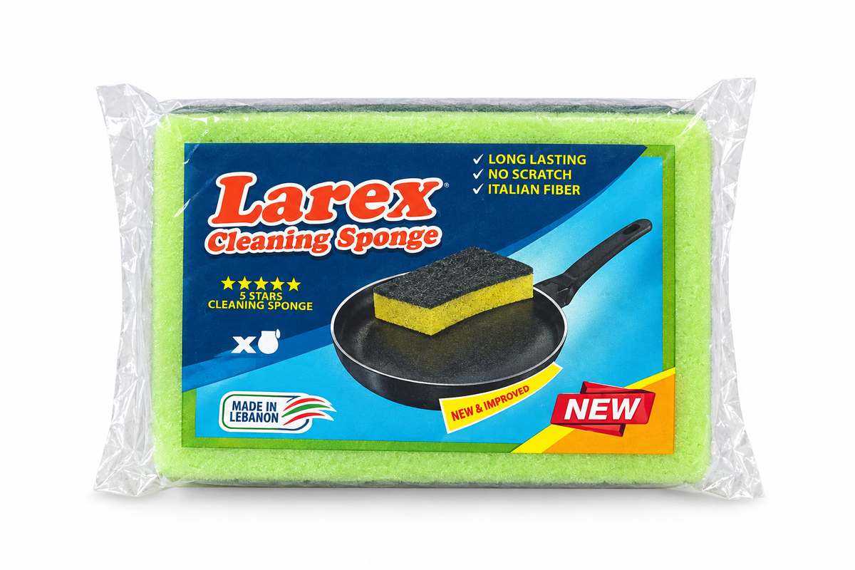 Larex green cleaning sponge in clear retail packaging with blue pan-design label on white background