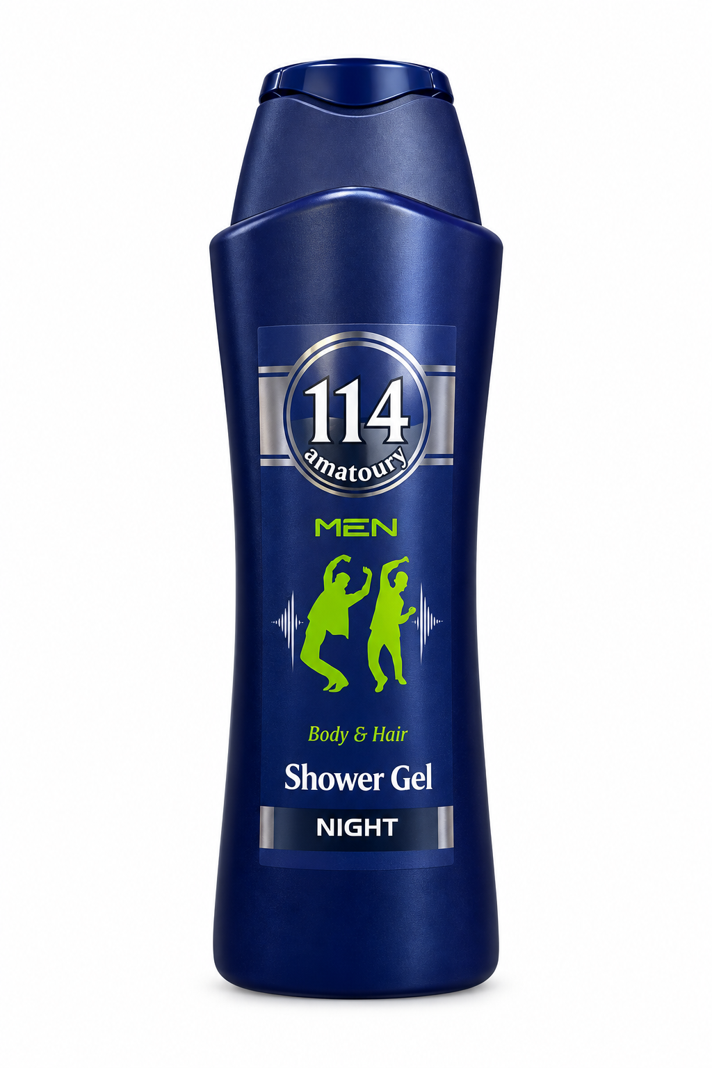 Amatoury 114 Men Night navy-blue body and hair shower gel bottle with green silhouettes on white background