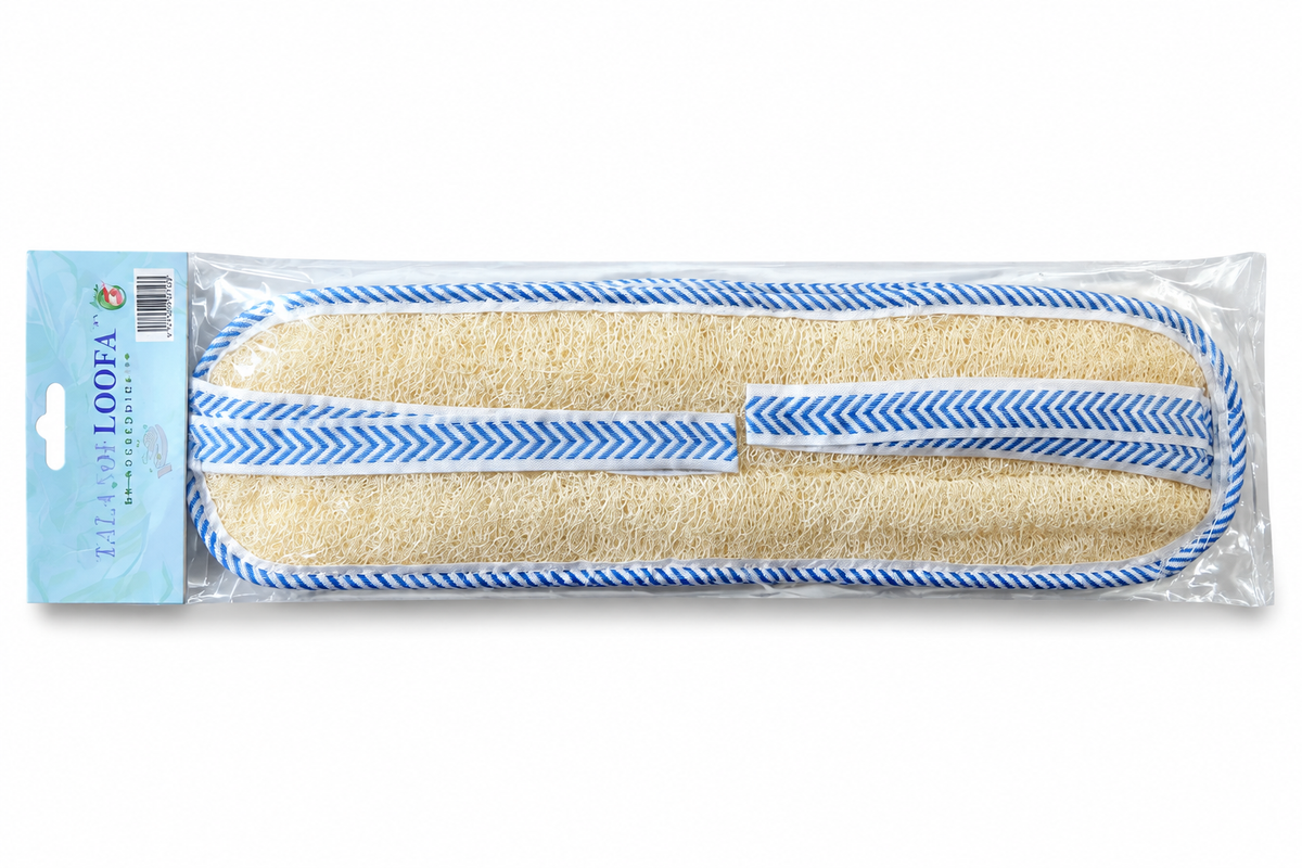 Long beige loofah bath scrubber with blue-and-white trim in clear retail packaging on white background
