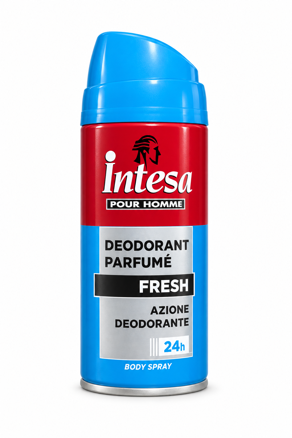 Intesa Pour Homme Fresh original red and blue body spray can on white background