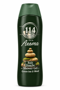 Amatoury 114 Aroma Green Tea & Wood dark green shower gel bottle with stacked-stone artwork on white background