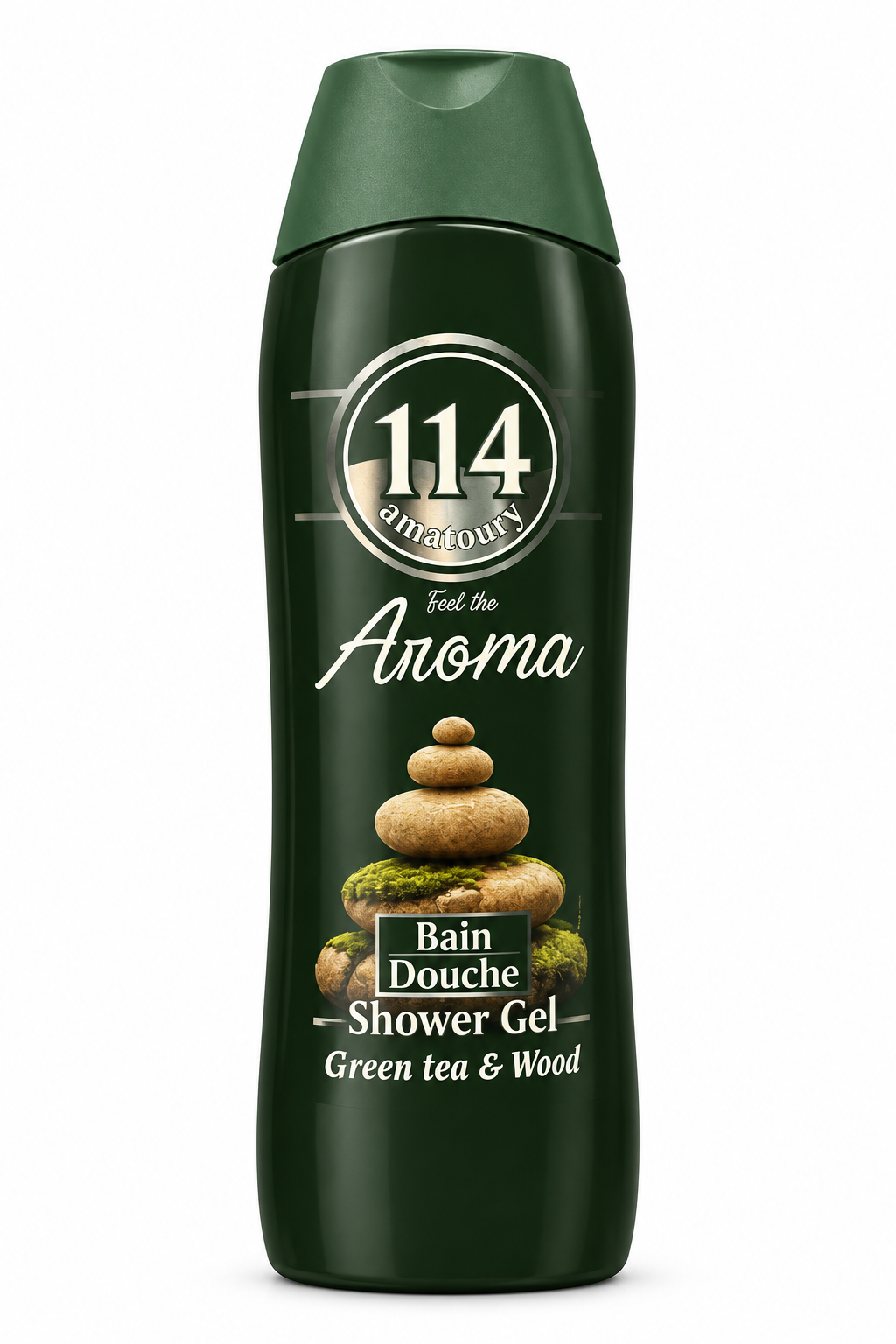 Amatoury 114 Aroma Green Tea & Wood dark green shower gel bottle with stacked-stone artwork on white background