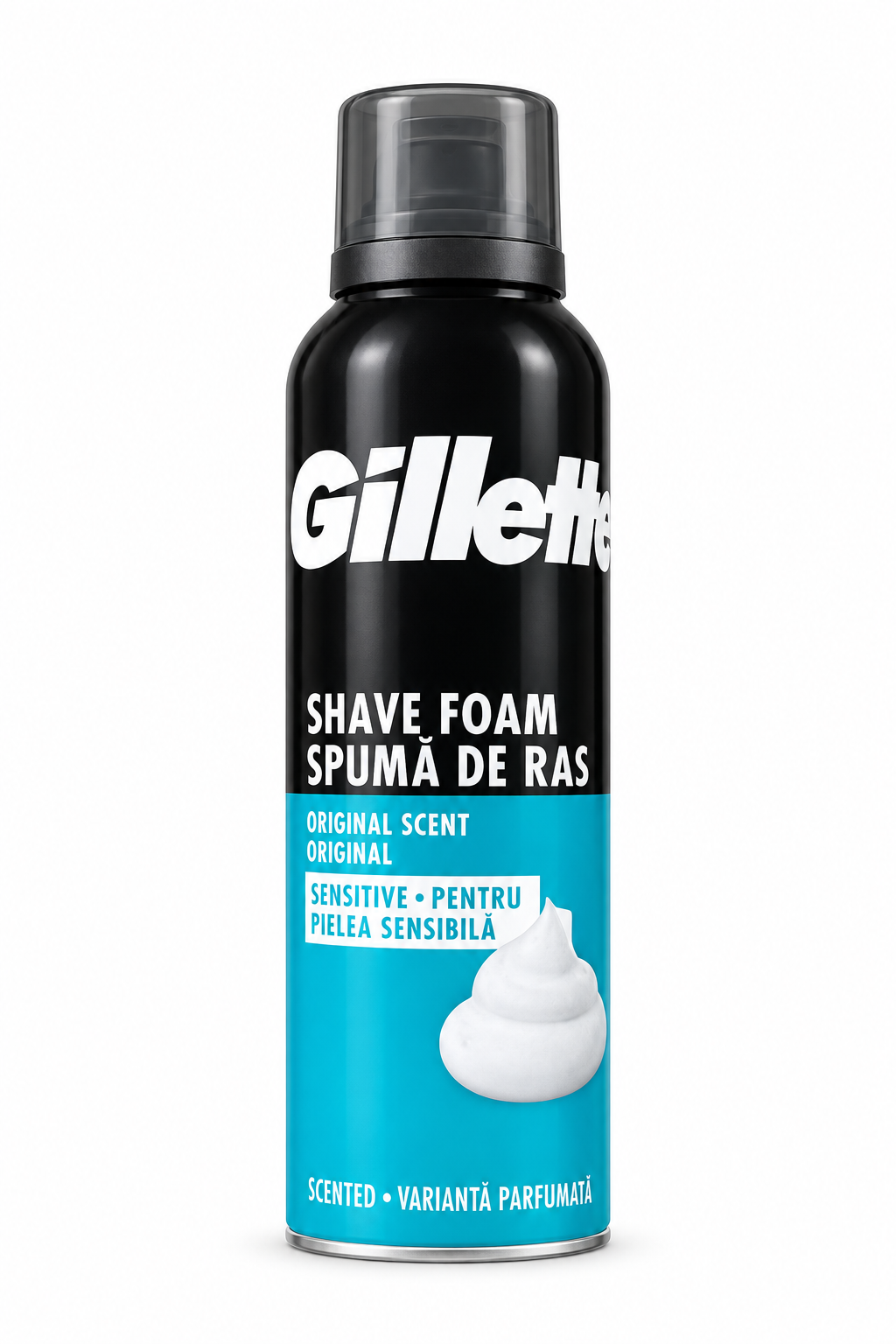 Gillette Sensitive shaving foam black can with turquoise label and grey cap on a white background