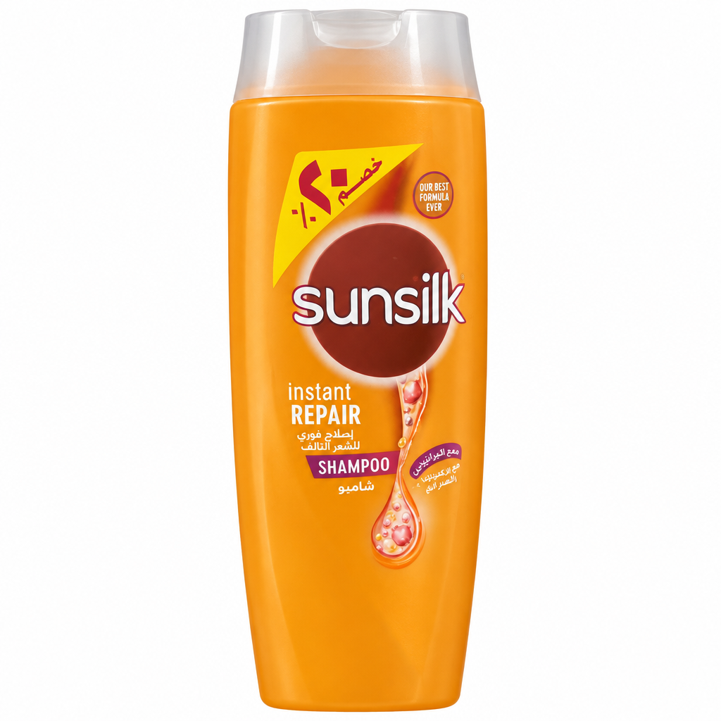 Sunsilk Instant Repair orange shampoo bottle without plastic wrapping on white background