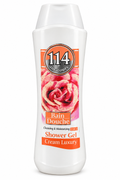 Amatoury 114 Cream Luxury white shower gel bottle with pink rose artwork and orange label details on white background