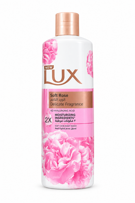 Lux Soft Rose body wash white bottle with pink rose artwork and rose-gold cap on a white background