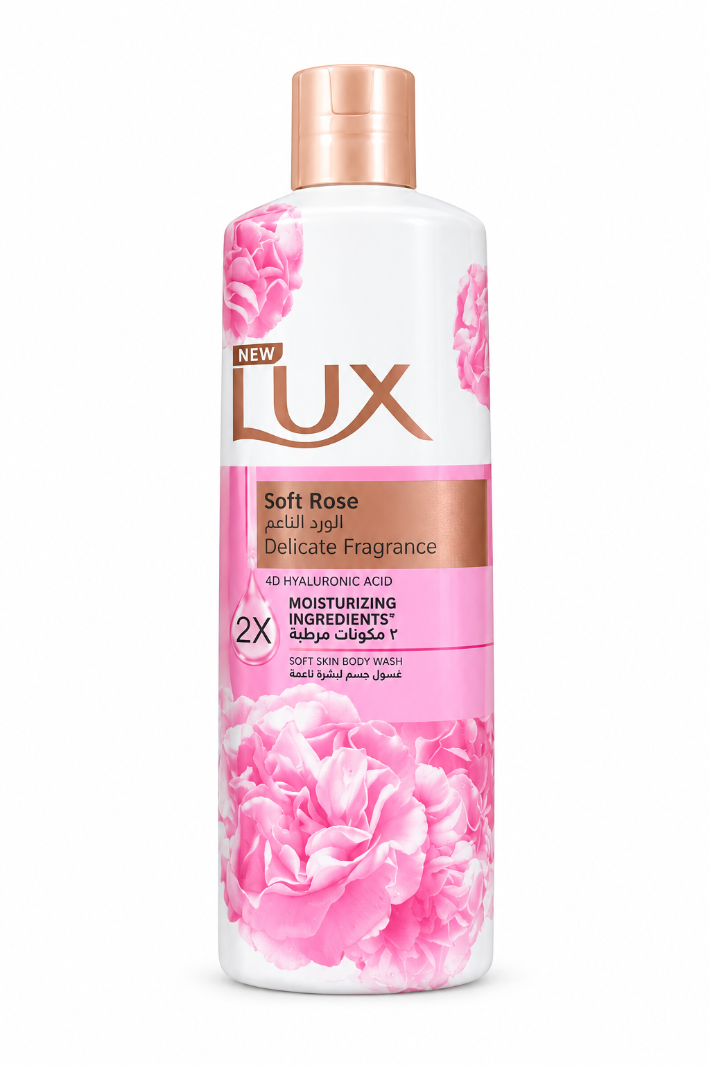 Lux Soft Rose body wash white bottle with pink rose artwork and rose-gold cap on a white background