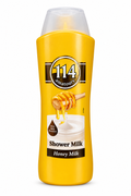 Amatoury 114 Honey Milk golden-yellow shower milk bottle with honey artwork and translucent cap on white background