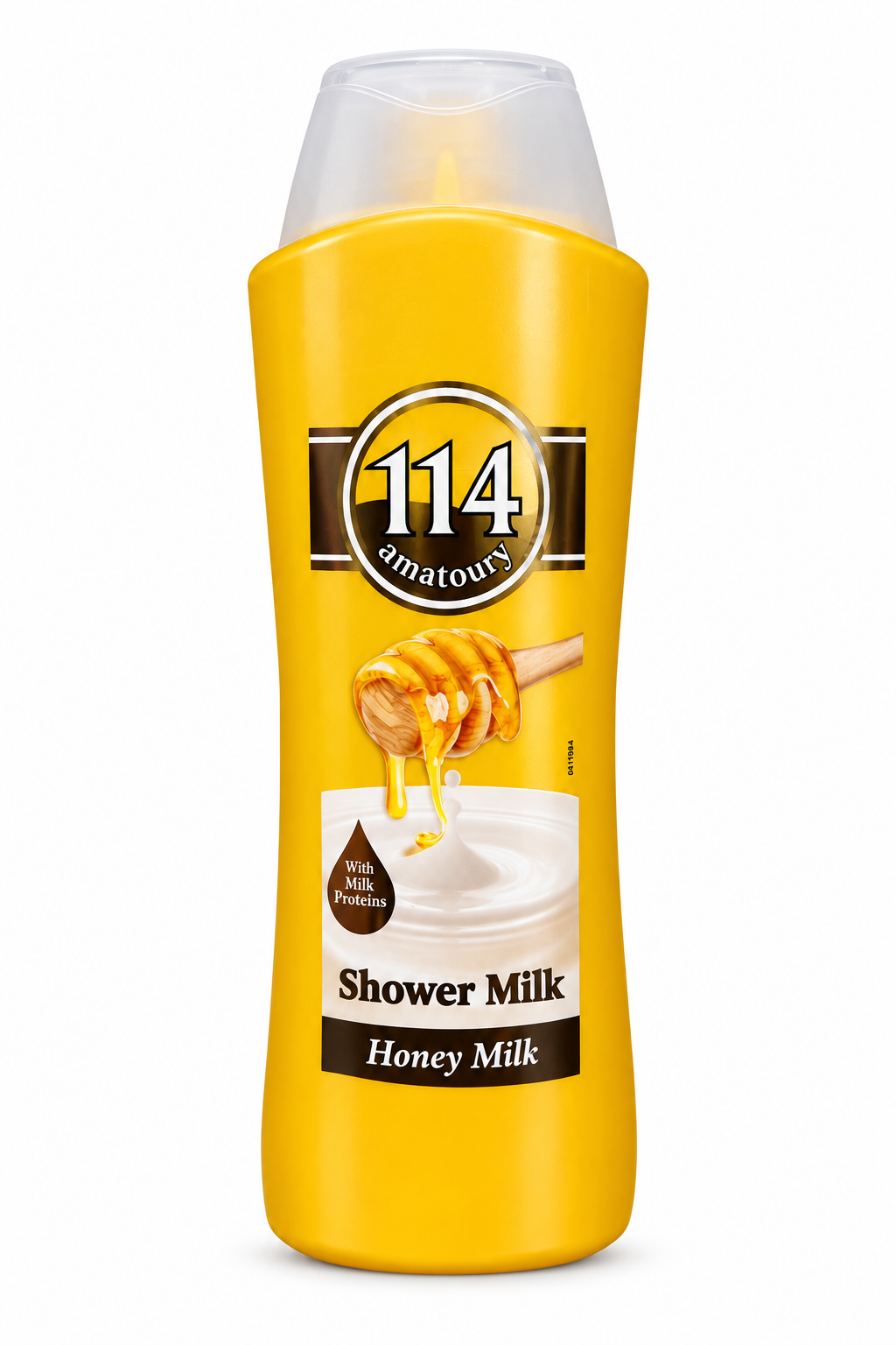 Amatoury 114 Honey Milk golden-yellow shower milk bottle with honey artwork and translucent cap on white background