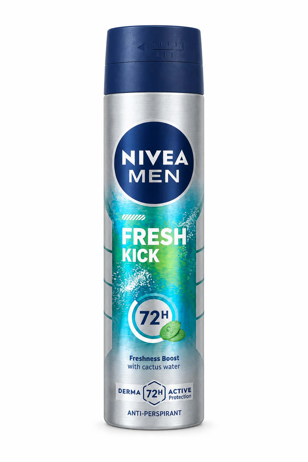 Nivea Men Fresh Kick 72H silver and turquoise spray can on white background
