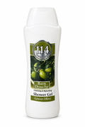 Amatoury 114 Green Olive white shower gel bottle with green olive artwork on white background