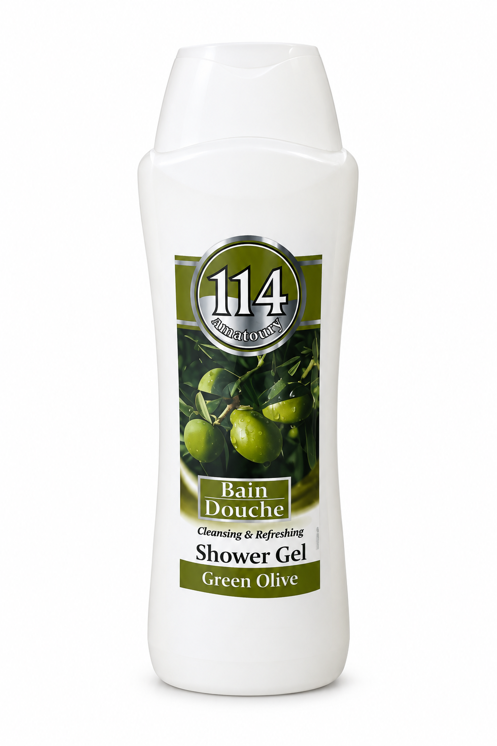 Amatoury 114 Green Olive white shower gel bottle with green olive artwork on white background