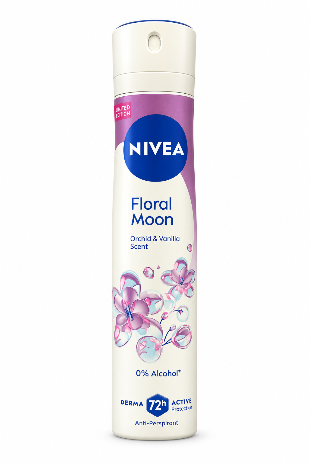 Nivea Floral Moon Orchid and Vanilla original ivory and mauve spray can on white background