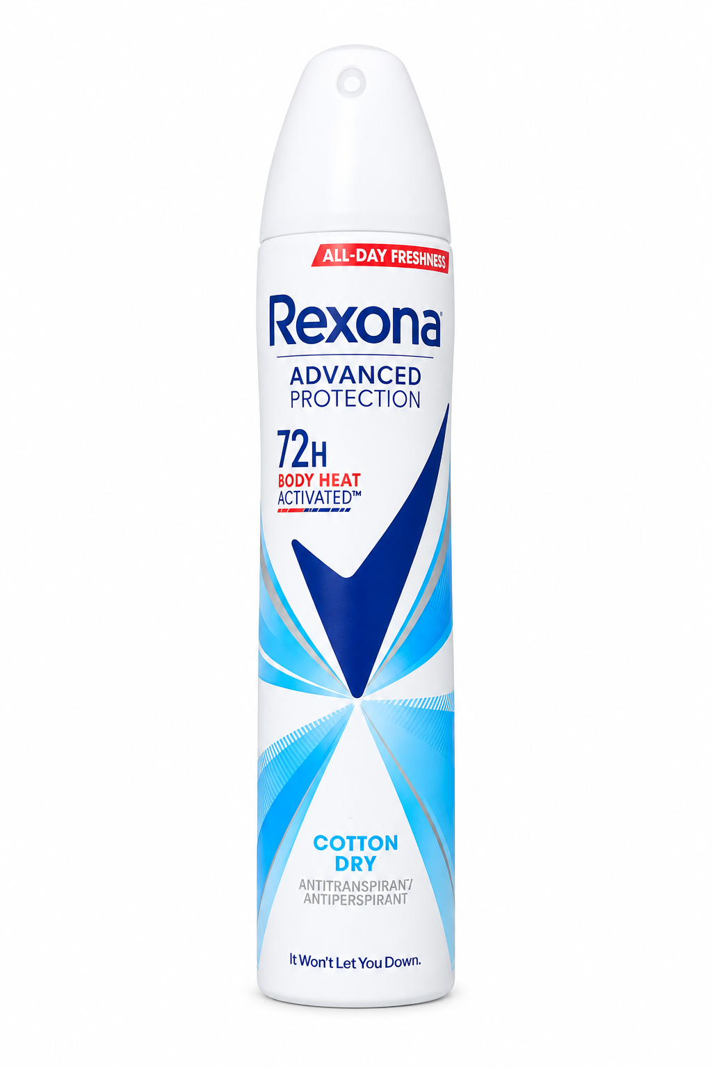 Rexona Advanced Protection Cotton Dry antiperspirant spray can on a white background