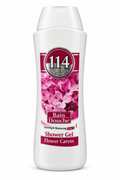 Amatoury 114 Flower Caress white shower gel bottle with pink flower artwork on white background