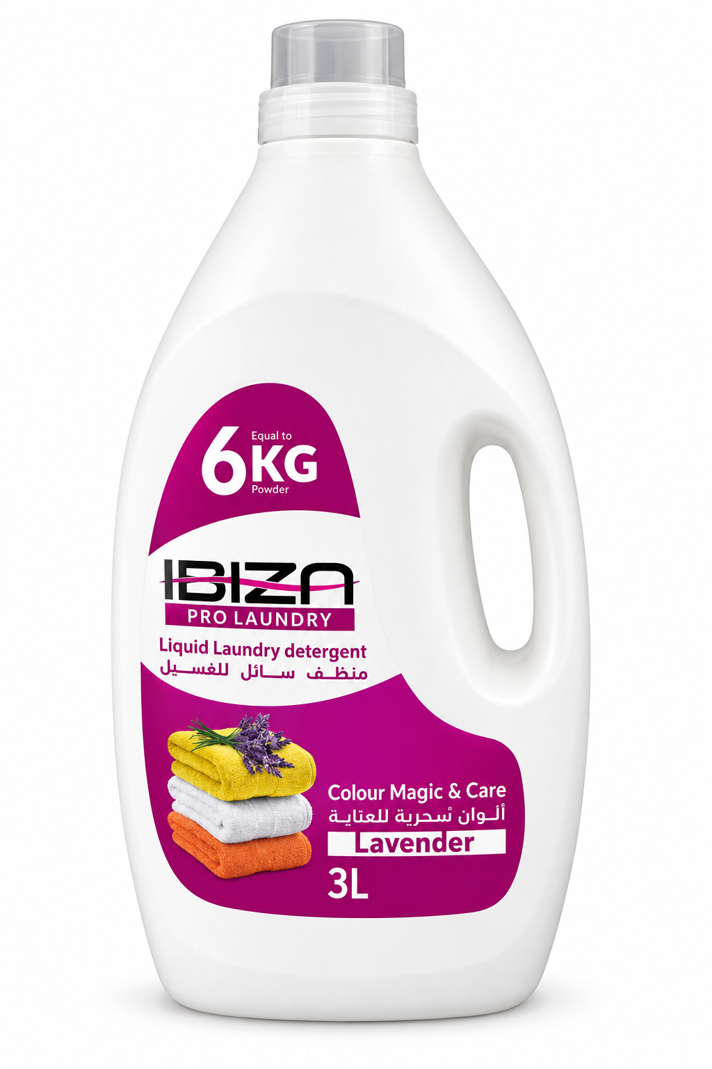Ibiza Pro Laundry Lavender 3 L white handled detergent bottle with magenta label on white background