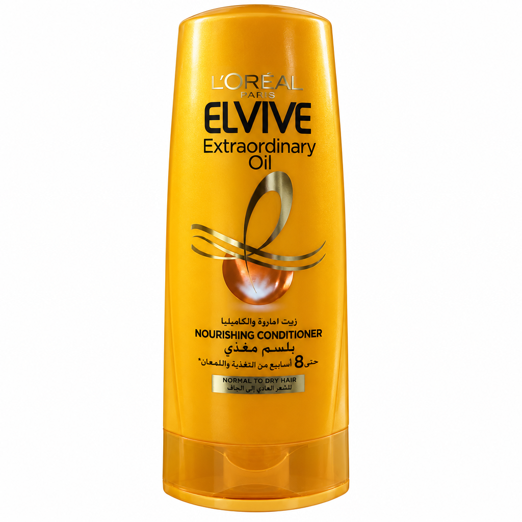L’Oréal Elvive Extraordinary Oil conditioner in its golden bottle on white background