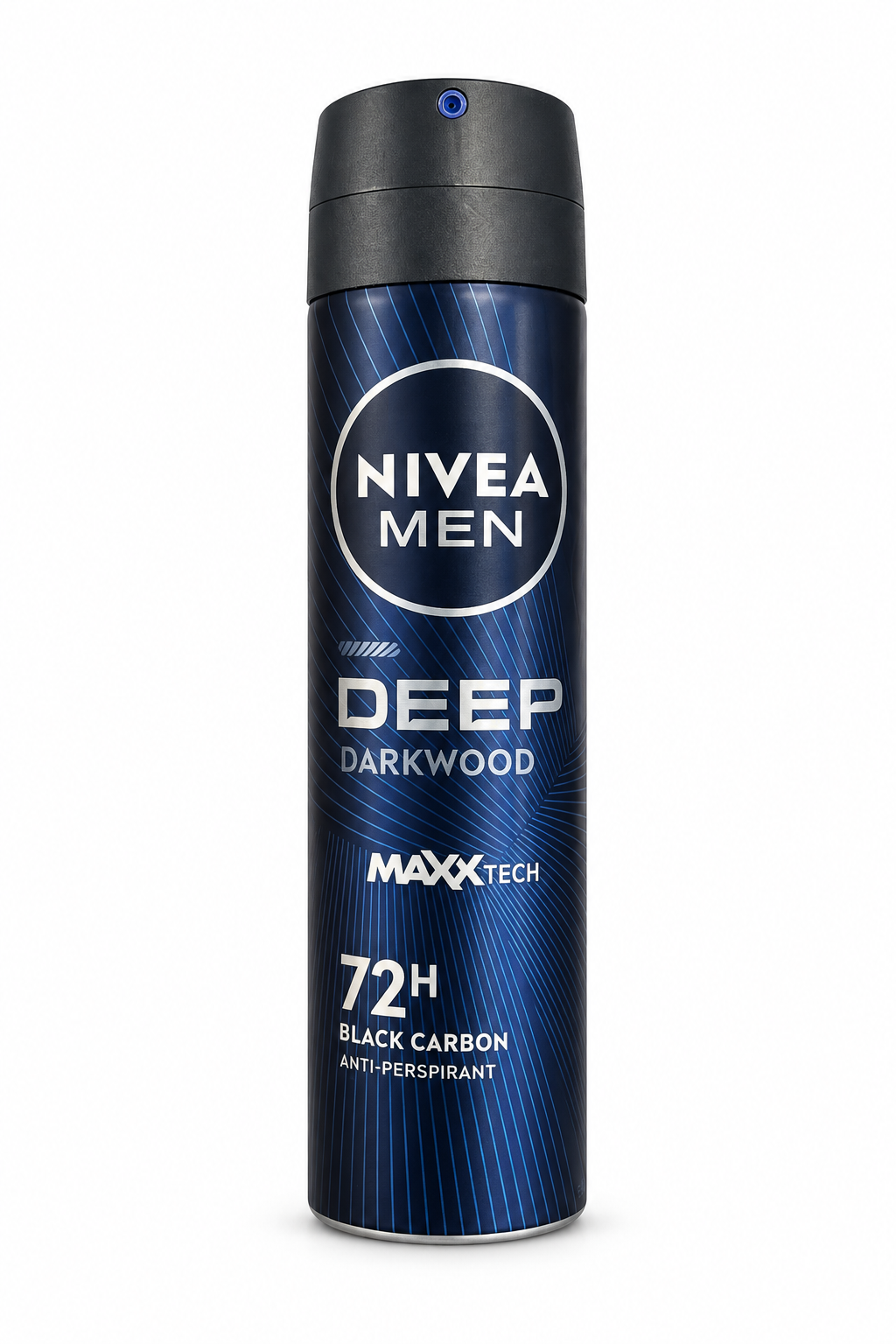Nivea Men Deep Darkwood 72H dark navy can with silver lettering and black cap on white background