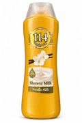 Amatoury 114 Vanilla Milk golden-yellow bottle with vanilla flower and pod artwork on white background