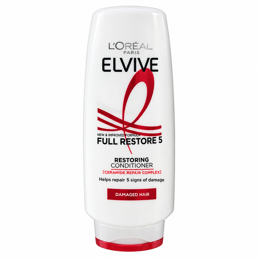 L’Oréal Elvive Full Restore 5 conditioner in its original white and red bottle on white background