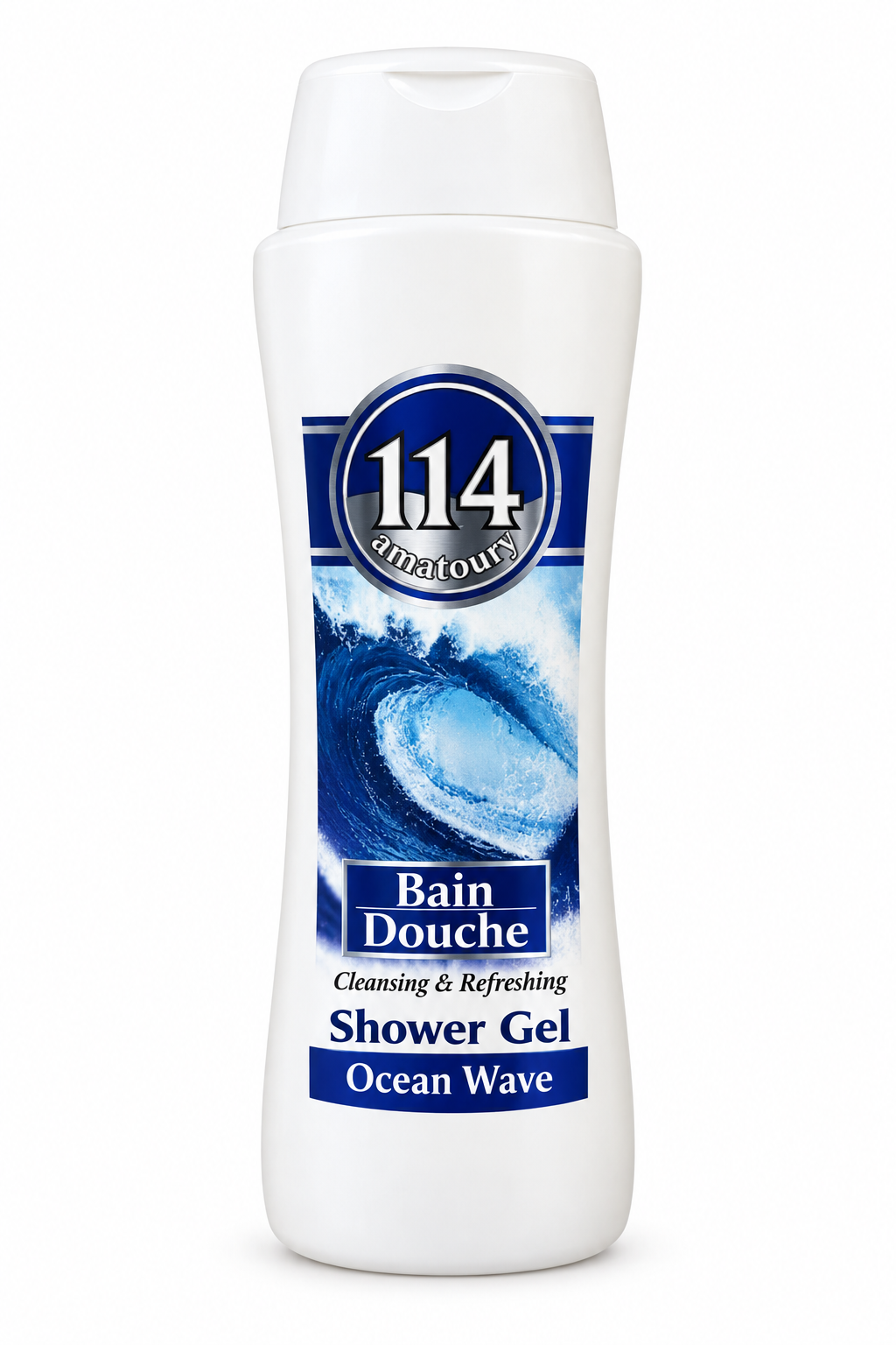 Amatoury 114 Ocean Wave white shower gel bottle with blue ocean-wave artwork on white background