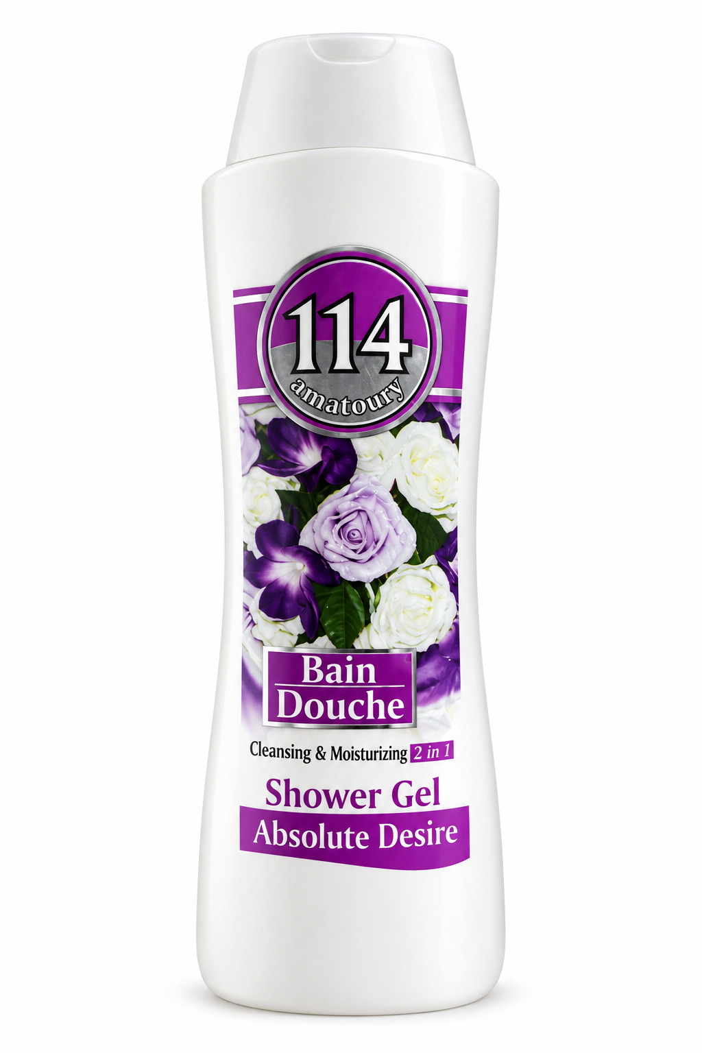 Amatoury 114 Absolute Desire white shower gel bottle with white and purple floral artwork on white background