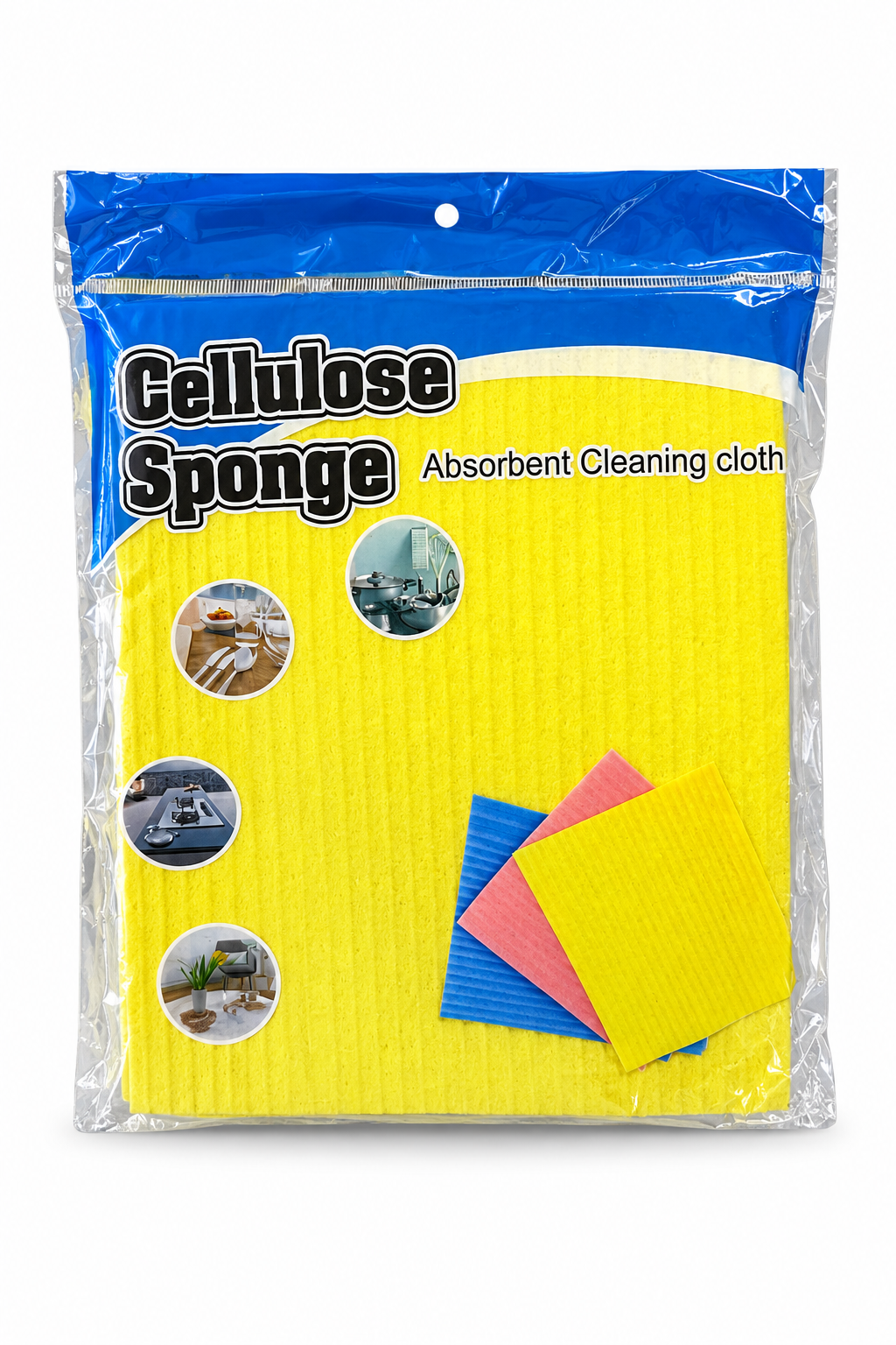 Cellulose Sponge absorbent cleaning cloth in yellow and blue retail packaging on a white background