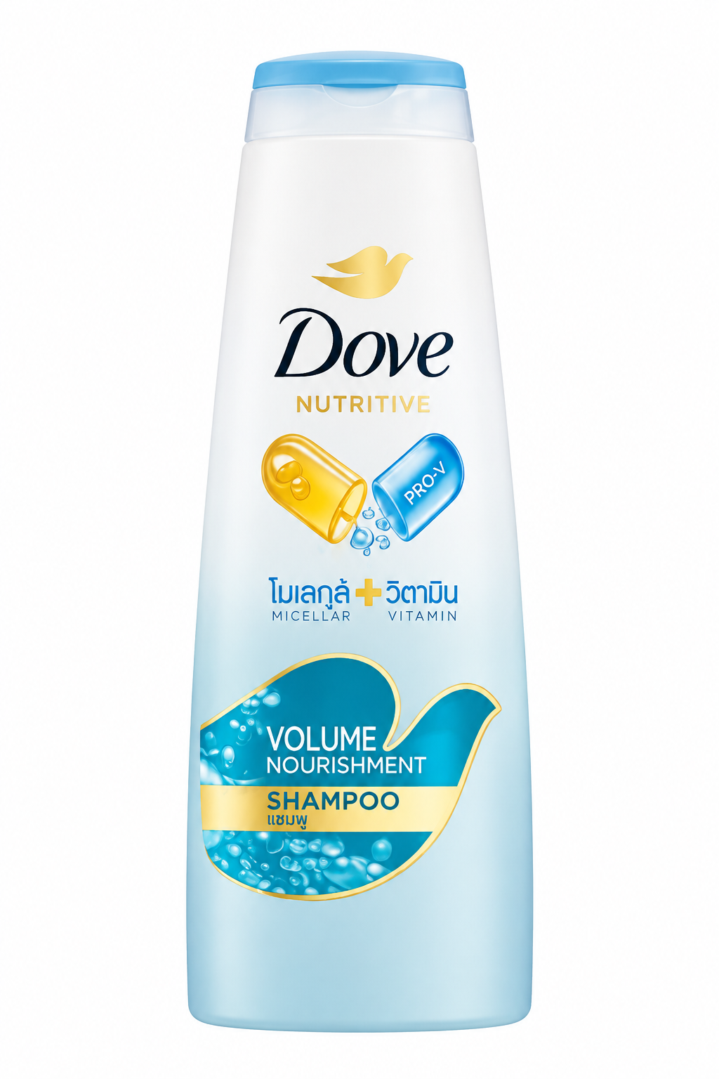 Dove Volume Nourishment shampoo on white background