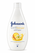 Johnson’s Soft & Pamper white body wash bottle with pineapple and pale flower artwork on a white background