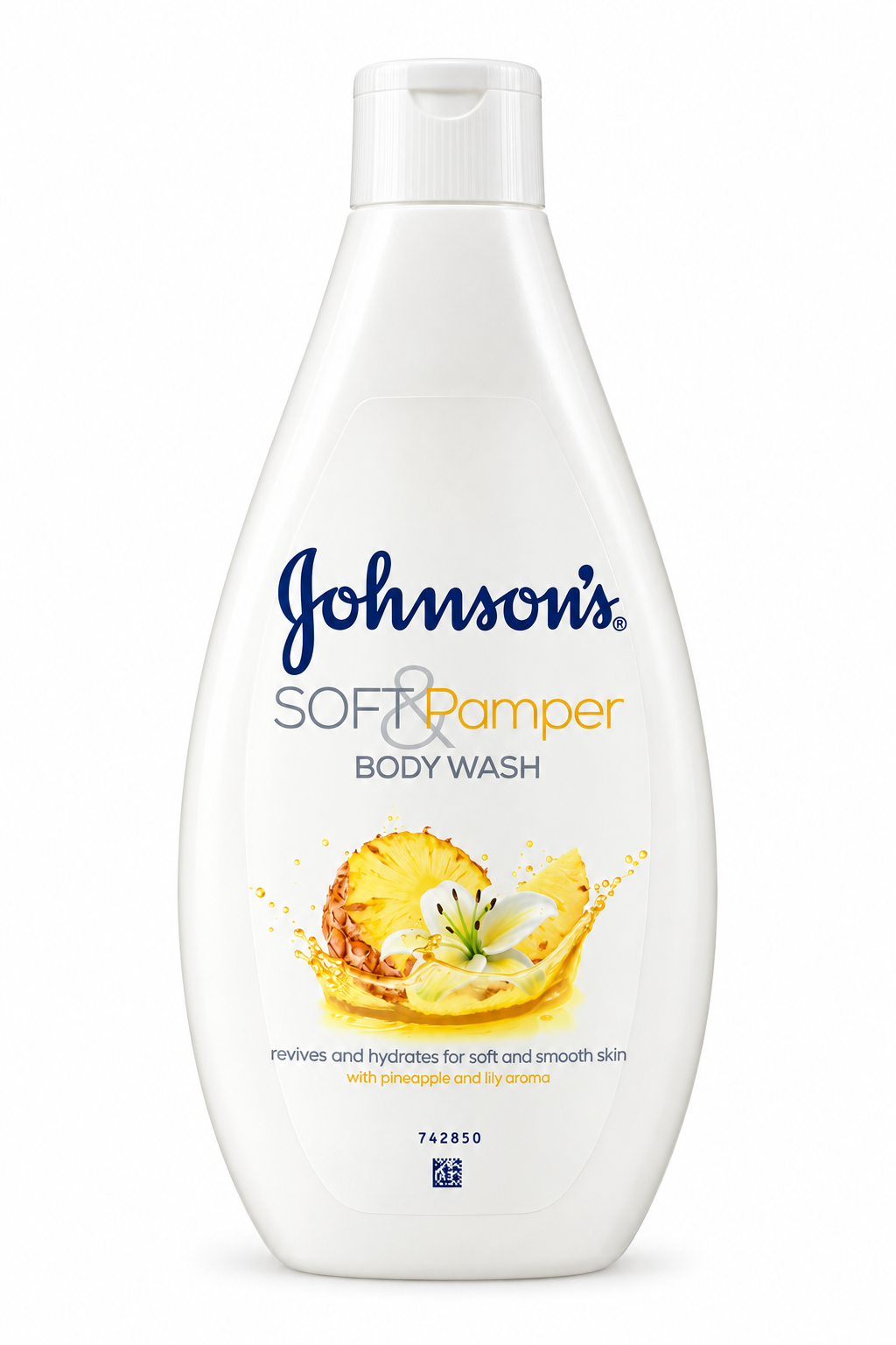 Johnson’s Soft & Pamper white body wash bottle with pineapple and pale flower artwork on a white background