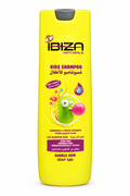 Ibiza Naturals Kids Bubble Gum Shampoo yellow bottle with cartoon bubble-blowing character and grey recessed cap on white background