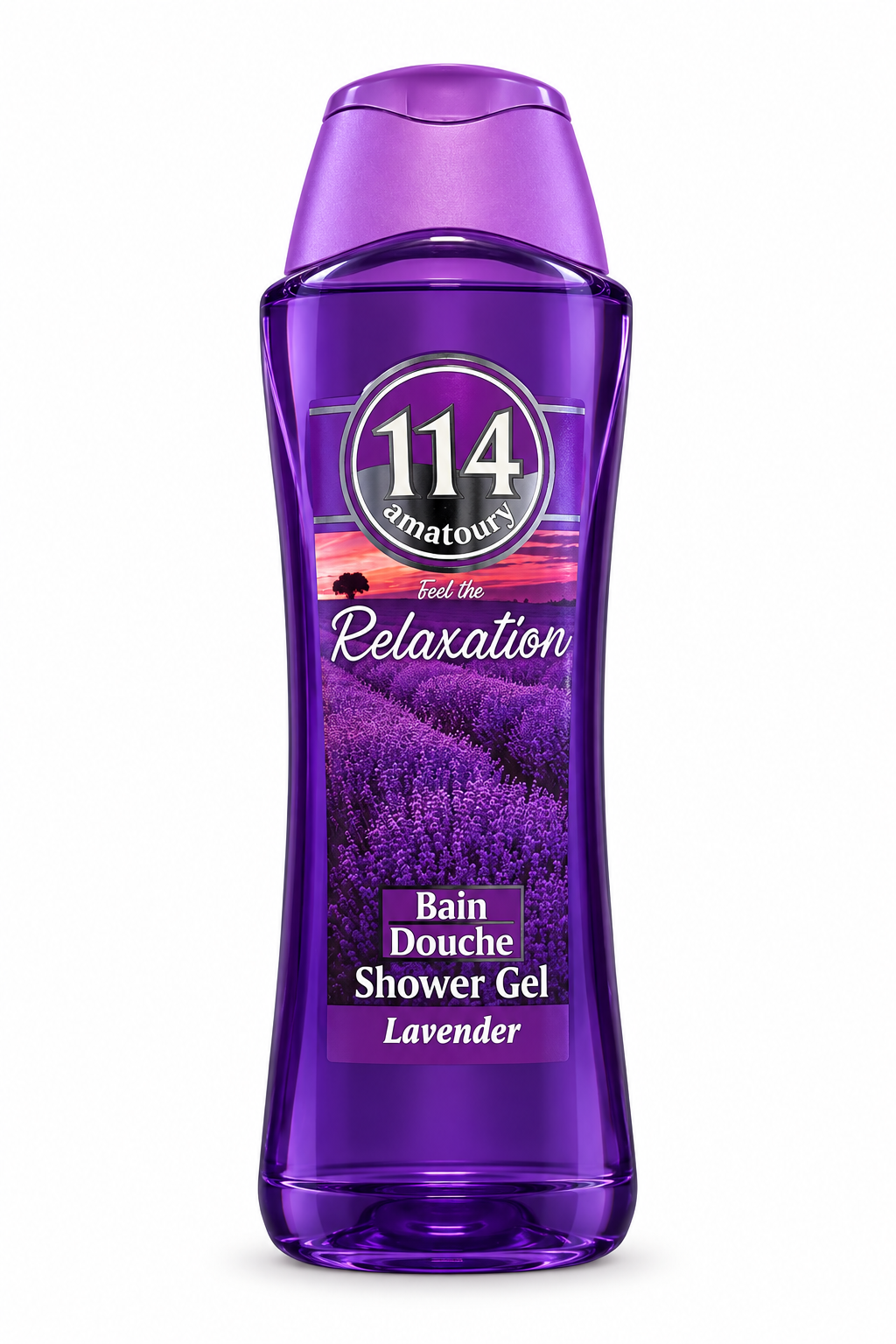Amatoury 114 Relaxation Lavender purple shower gel bottle with lavender-field artwork on white background