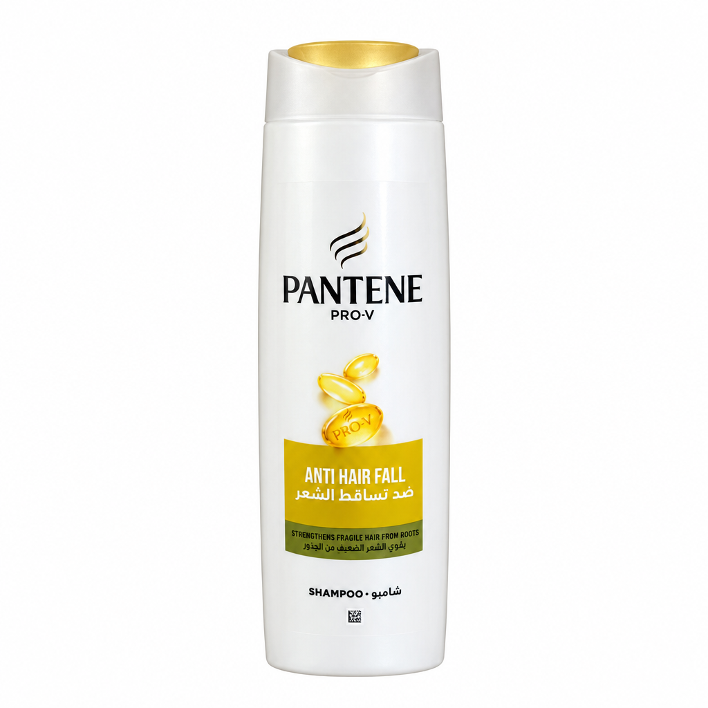 Pantene Pro-V Anti Hair Fall shampoo with yellow label on white background