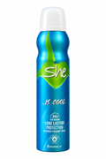 Blue and green She Is Cool deodorant spray can on a white background