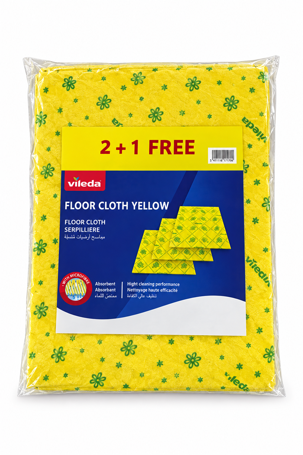 Vileda yellow floor cloth pack with green flower motifs and original 2+1 Free label on white background