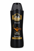 Amatoury 114 Oriental Gold Amber black shower gel bottle with gold details and lamp artwork on white background