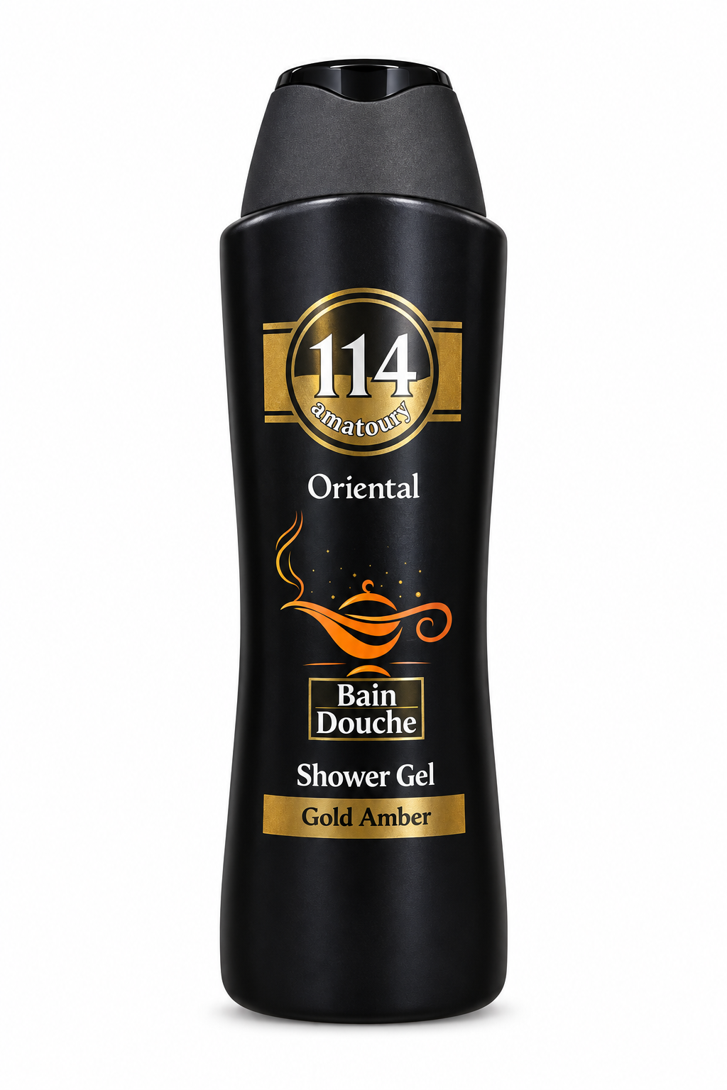 Amatoury 114 Oriental Gold Amber black shower gel bottle with gold details and lamp artwork on white background