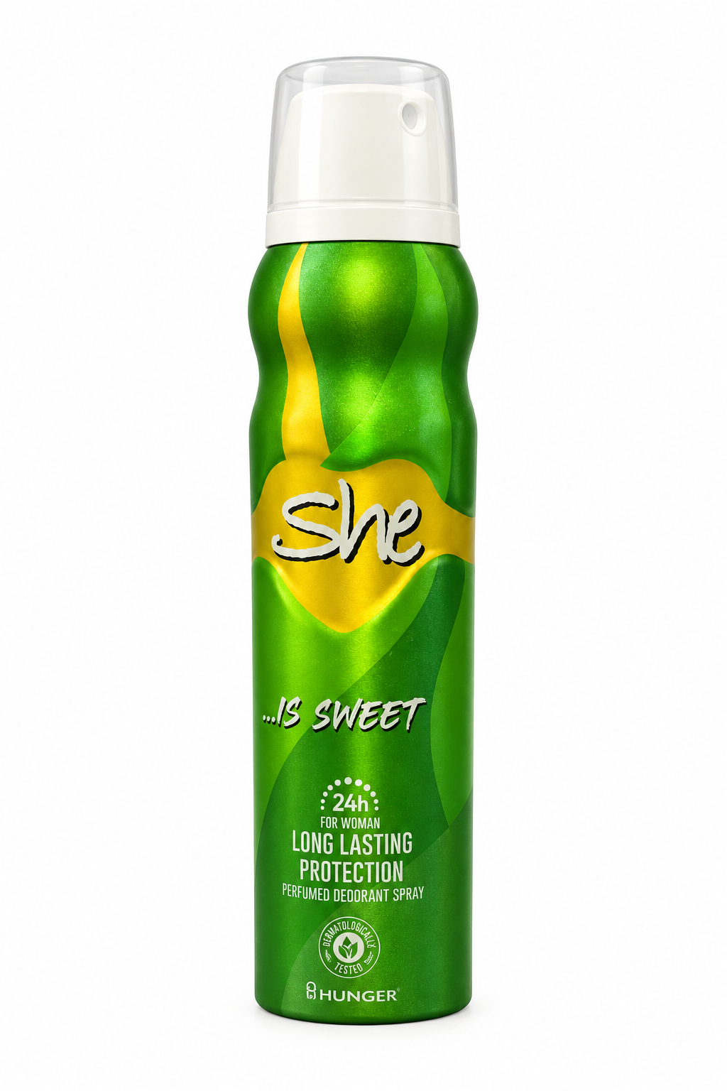 Green She Is Sweet deodorant spray can on a white background