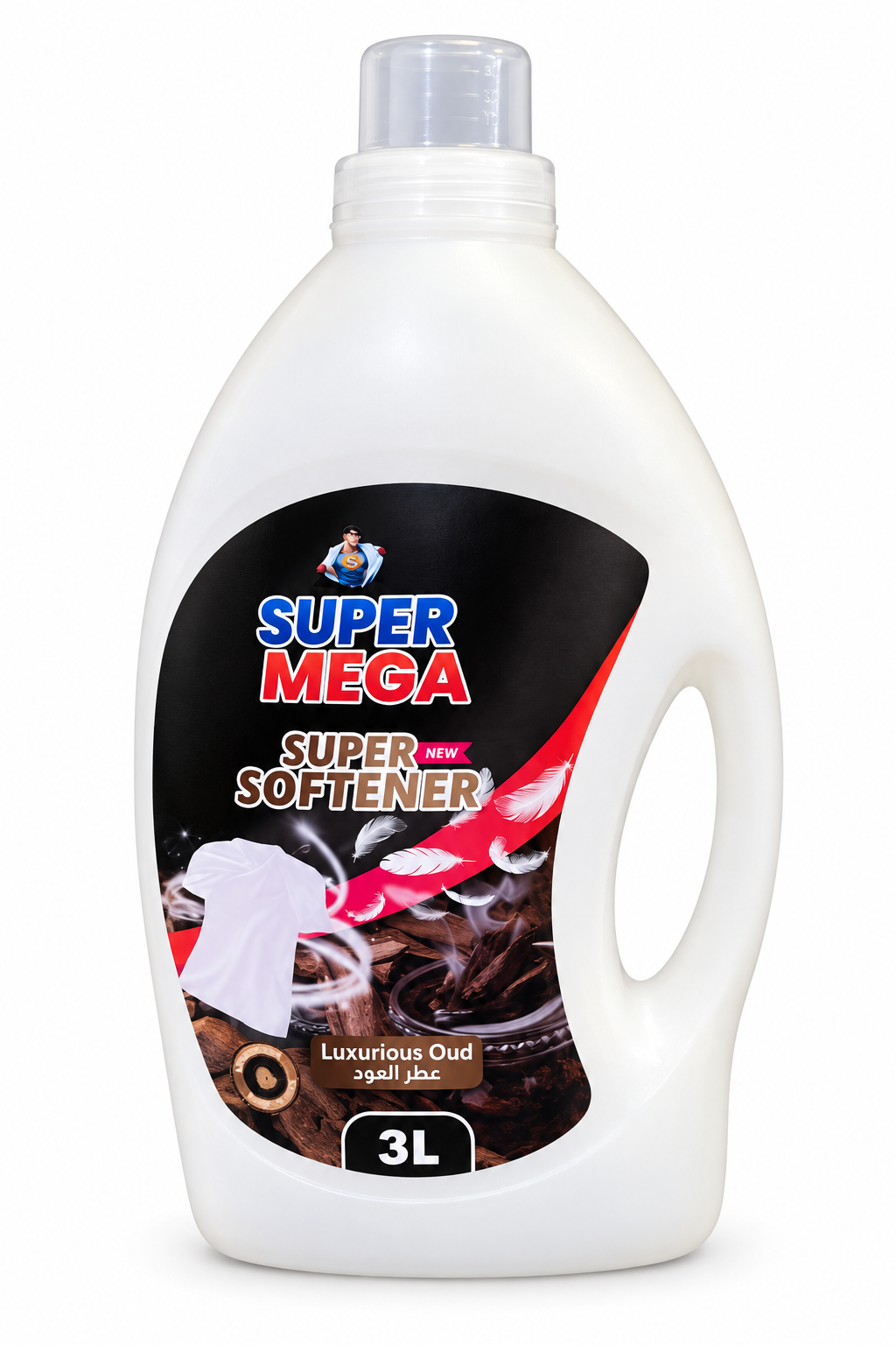 Super Mega Luxurious Oud 3 L white fabric softener jug with black-and-red label and translucent cap on white background