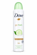 Dove Go Fresh Cucumber and Green Tea white spray can with pale green cap on white background