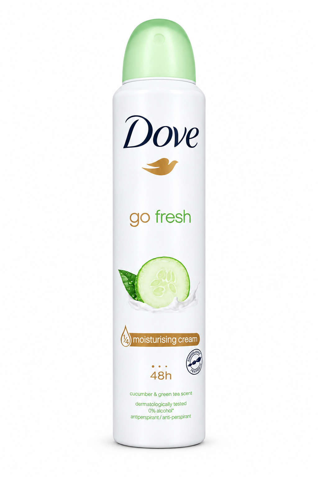 Dove Go Fresh Cucumber and Green Tea white spray can with pale green cap on white background