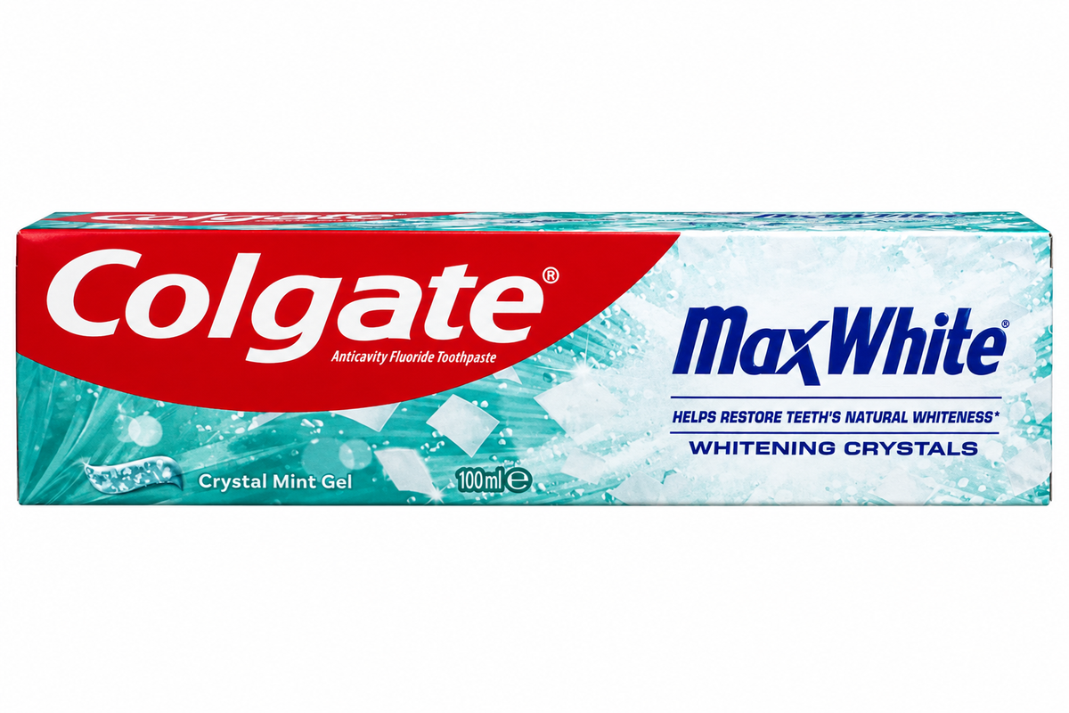 Colgate MaxWhite Crystal Mint Gel 100 ml toothpaste carton on white background